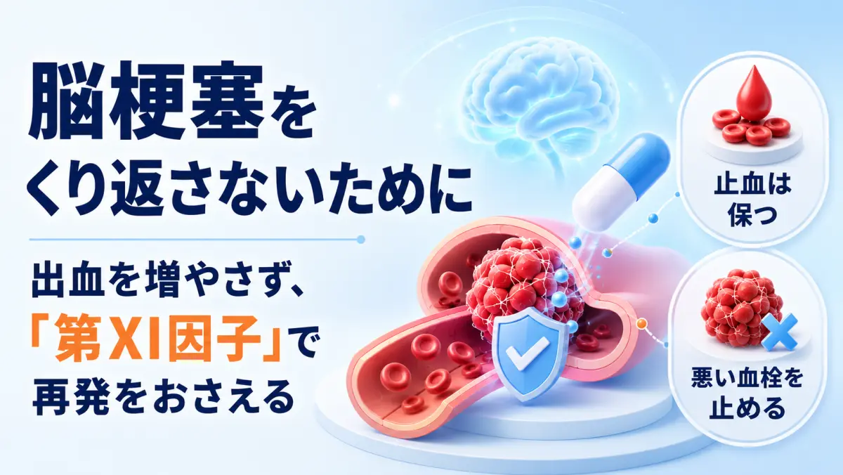 脳梗塞の再発予防を、抗血小板薬に新しい薬を上乗せする研究とともに解説するコラムのイメージイラスト