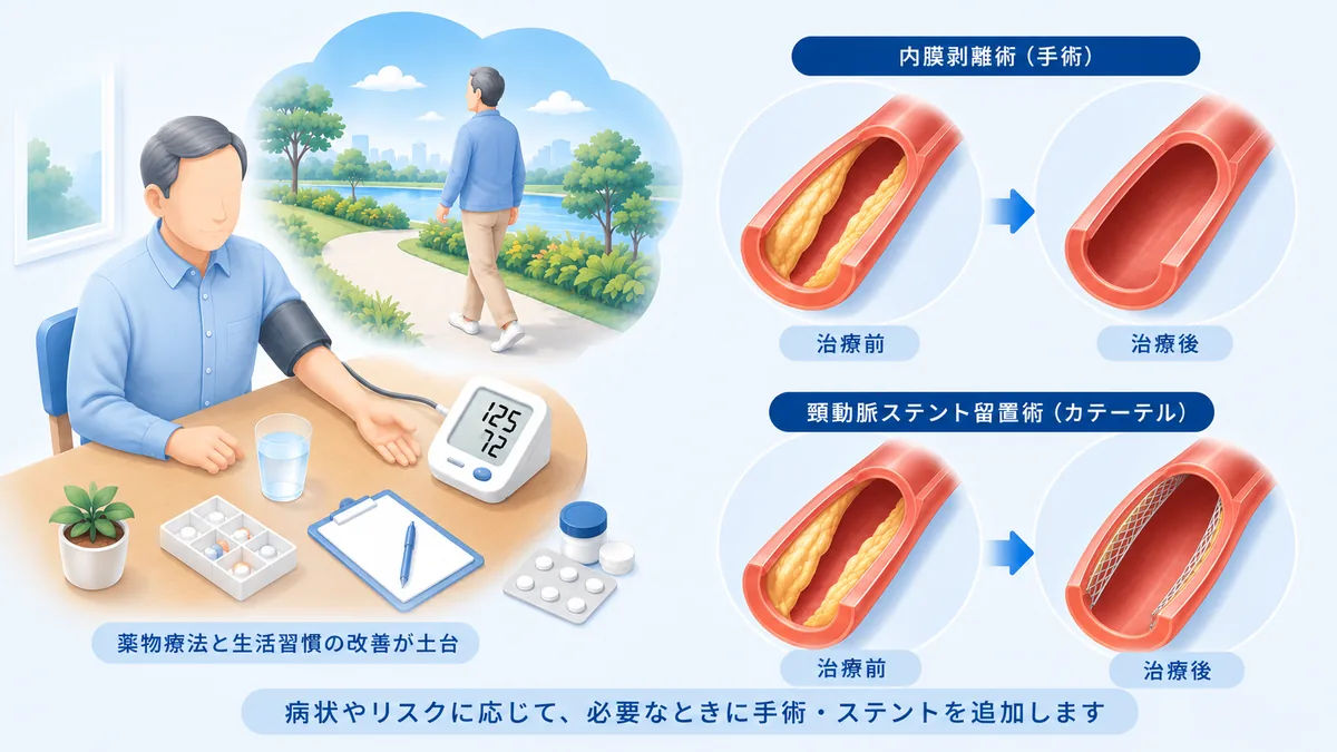 頸動脈の狭窄症の治療（薬物療法・生活習慣・手術・ステント）を解説するコラムのイメージイラスト
