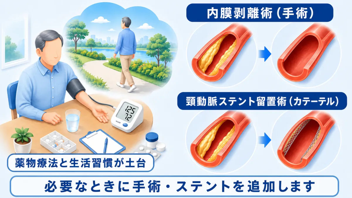 頸動脈の狭窄症の治療（薬物療法・生活習慣・手術・ステント）を解説するコラムのイメージイラスト