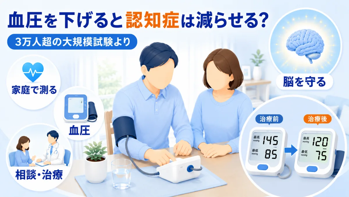 血圧を下げると認知症は減らせる？——3万人超の大規模試験より。家庭で血圧を測る夫婦と、治療前145/85から治療後120/75へ下がった血圧計、脳を守るイメージを描いたコラムのヒーローイラスト