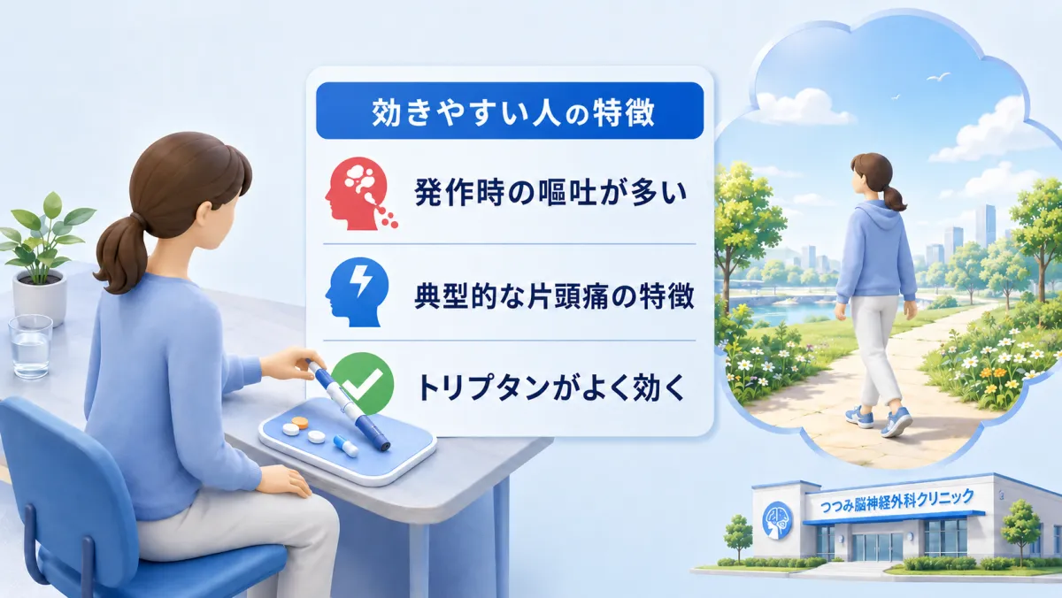 片頭痛の予防注射（CGRP抗体薬）が効きやすい人・効きにくい人の特徴をまとめたイメージ図