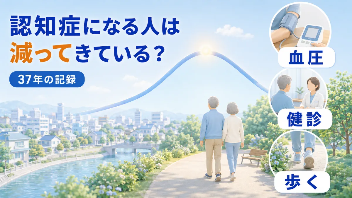 認知症になる人は減ってきている？——37年の記録。ゆるやかに上がってから下がる推移の曲線の下を、高齢のご夫婦が並んで歩く後ろ姿と、血圧・健診・歩くの3場面を描いたコラムのヒーローイラスト