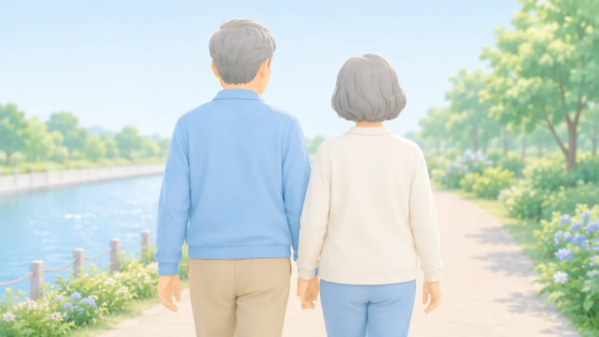 初夏の川沿いの遊歩道を、手をつないで並んで歩く高齢のご夫婦の後ろ姿を描いたコラムのサムネイルイラスト