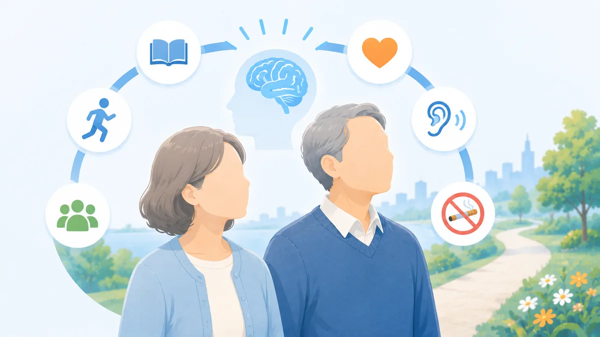 認知症の予防に取り組む中高年夫婦を描いたコラムのイメージイラスト