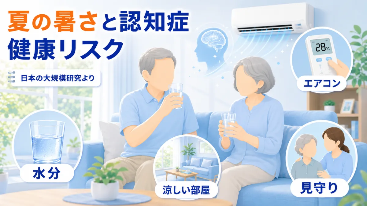 夏の暑さと認知症・健康リスク——日本の大規模追跡研究より。猛暑の中で高齢のご夫婦がエアコンと水分補給で涼しく過ごし、脳を守るイメージを描いたコラムのヒーローイラスト