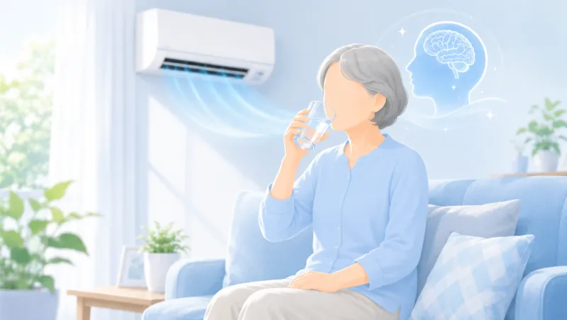 エアコンの効いた涼しい部屋で高齢の女性が水分補給をし、脳を守るイメージを描いたコラムのサムネイルイラスト