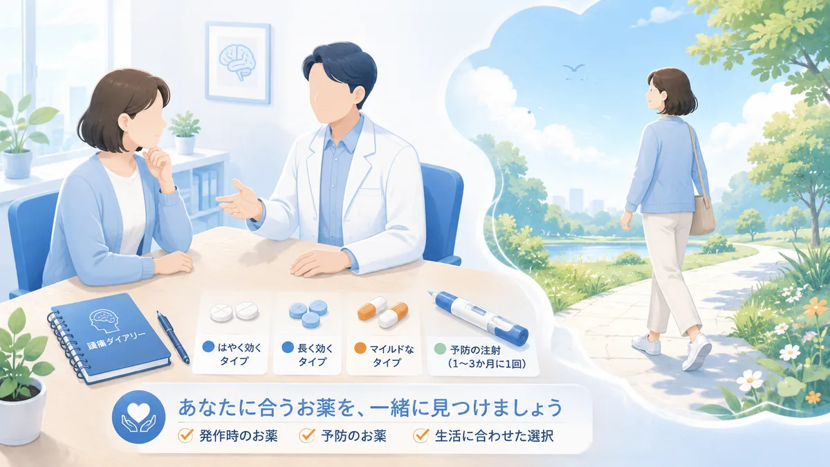 片頭痛のお薬（発作時のお薬・予防のお薬・1〜3か月に1回の注射）の選択肢を、診察室で医師と相談しながら一緒に見つける様子を描いたコラムのヒーローイラスト