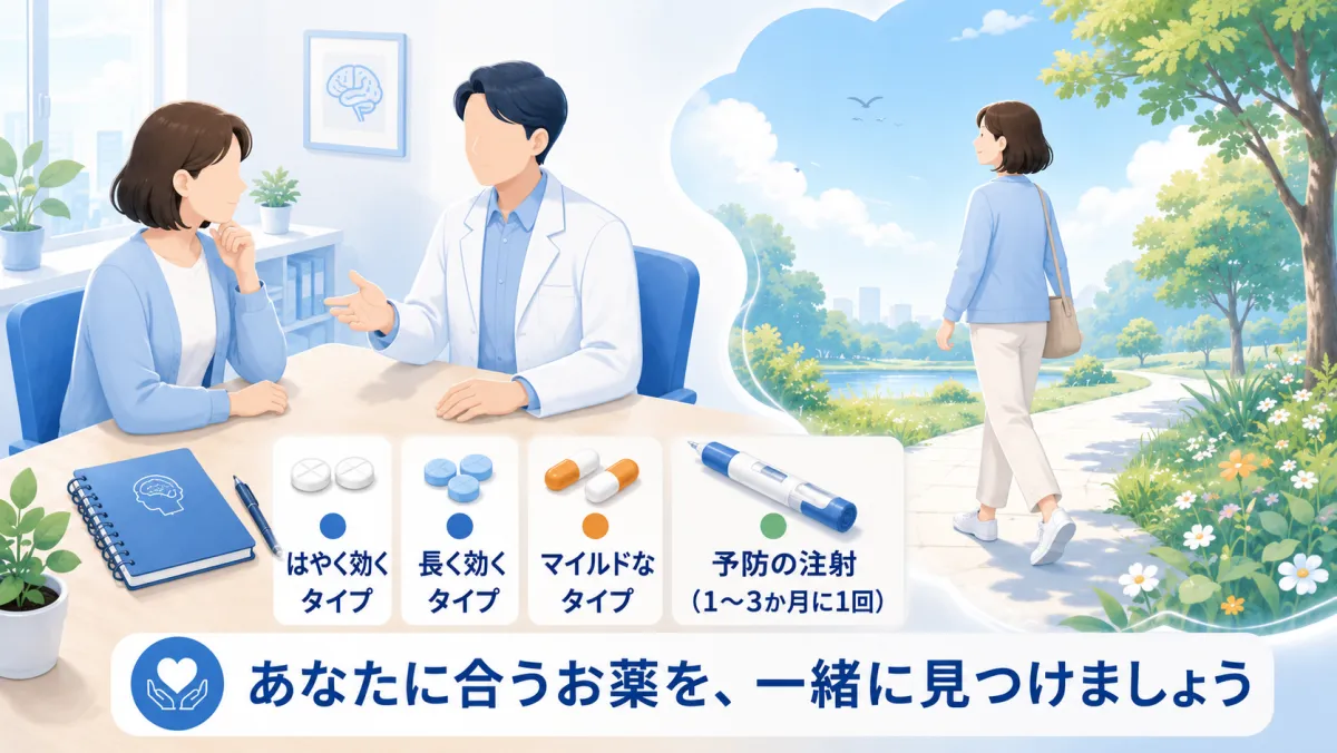 片頭痛のお薬（発作時のお薬・予防のお薬・1〜3か月に1回の注射）の選択肢を、診察室で医師と相談しながら一緒に見つける様子を描いたコラムのヒーローイラスト