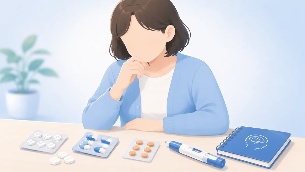 机に並んだ片頭痛のお薬を前に考える女性を描いたコラムのイメージイラスト