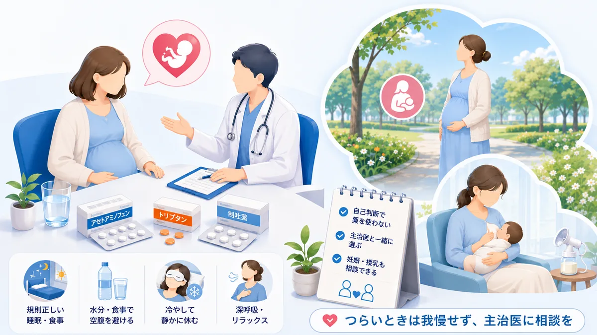 妊娠中・授乳中の片頭痛の薬選びを主治医と相談する場面のイメージイラスト