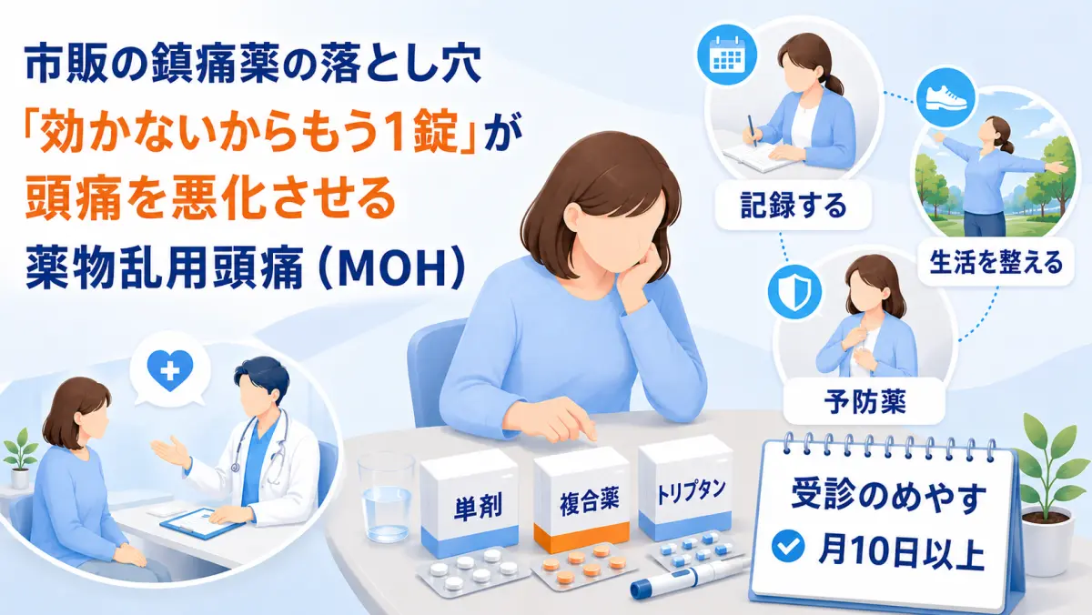 市販の鎮痛薬の飲みすぎが頭痛を悪化させる薬物乱用頭痛（MOH）をやさしく解説するコラムのイメージイラスト