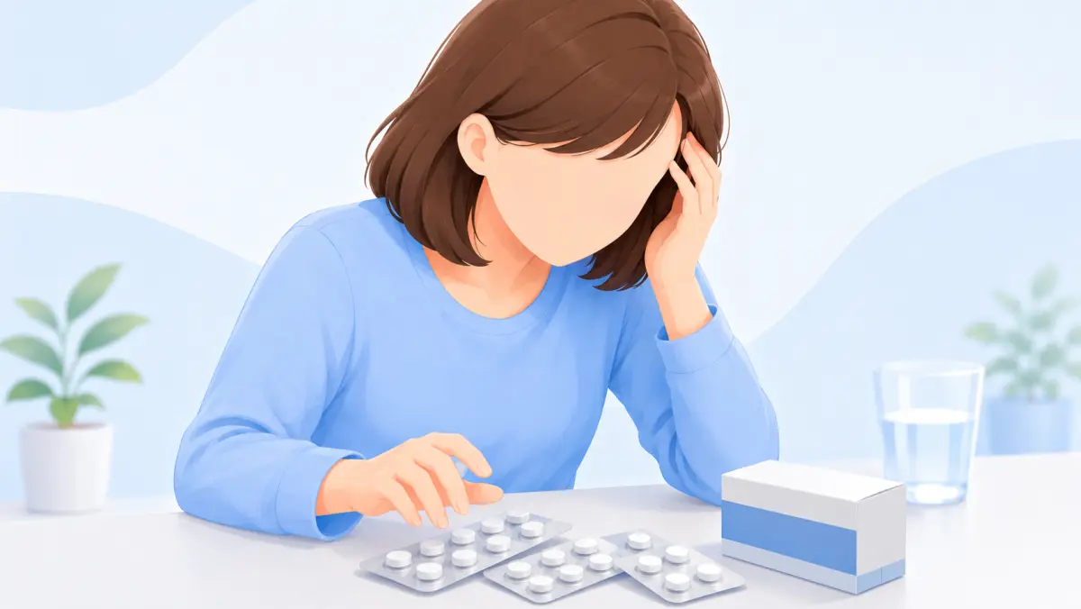 こめかみに手を当て、机の上の鎮痛薬に手を伸ばしかける女性を描いたコラムのイメージイラスト