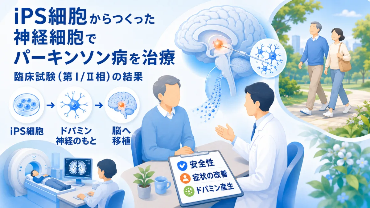 iPS細胞からつくった神経細胞をパーキンソン病の脳に移植する臨床試験（第I/II相）の結果を解説するコラムのイメージイラスト