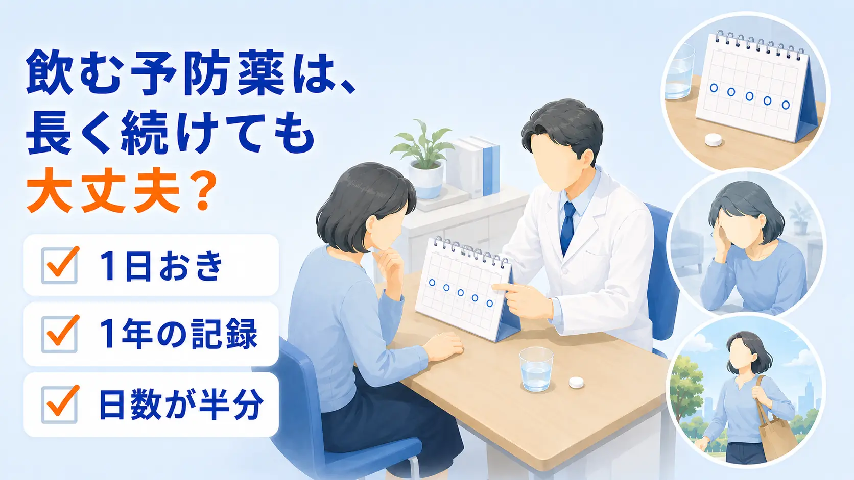 診察室で医師と患者の女性が卓上カレンダーを見ながら相談している様子と、1日おきに印のついたカレンダー・頭痛でうつむく姿・予定どおり外出する姿を並べた、片頭痛の飲む予防薬をあつかうコラムのヒーローイラスト