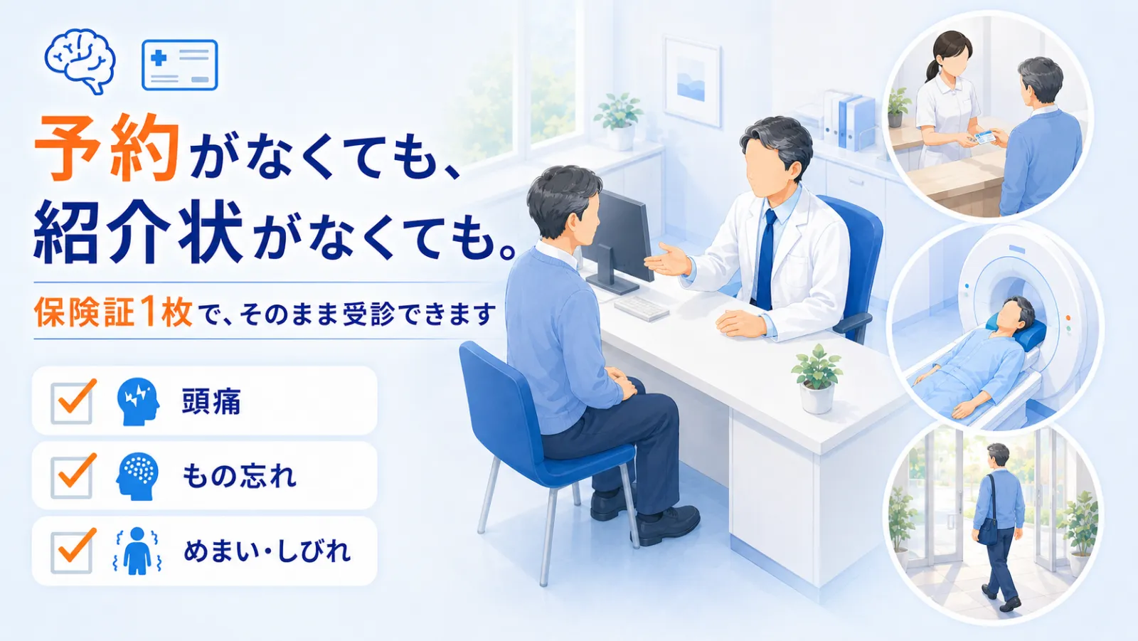 初診の方へのページ冒頭イラスト。「予約がなくても、紹介状がなくても。保険証1枚で、そのまま受診できます」の見出しとともに、診察室で医師が患者の話をじっくり聞く場面。受付で保険証を渡す、MRI検査を受ける、診察を終えて帰る各シーンと、頭痛・もの忘れ・めまい・しびれのチェックリストを添えている。