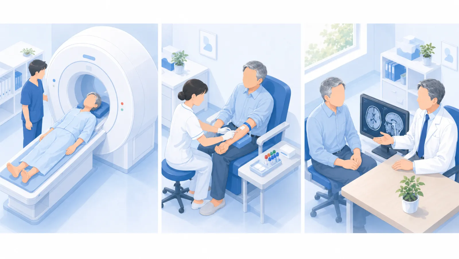 脳出血の検査の流れを左から右へ3場面で描いたイラスト。①検査着姿の男性がトンネル型のMRI装置で検査を受け、技師が見守る。②同じ男性が診察室で腕を出し、看護師が採血する。③診察室で男性医師と本人が並んで机上の電子カルテに映る脳の画像を見ながら、治療方針を相談している。
