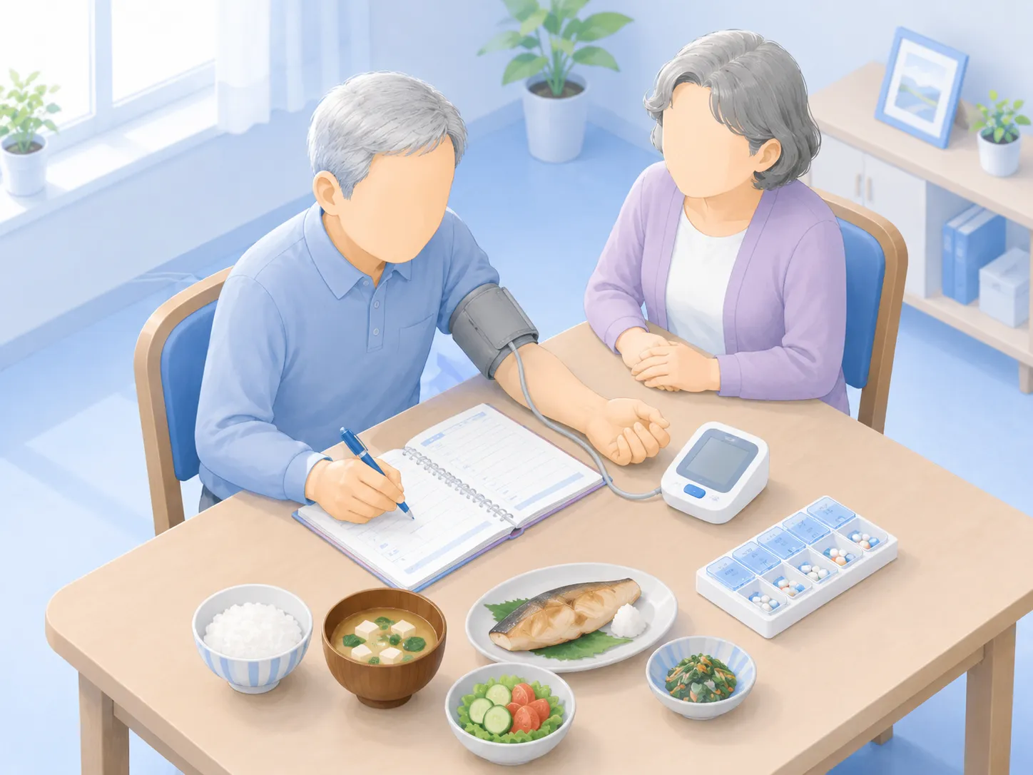 脳出血の再発予防を表す生活イラスト。自宅のダイニングで60〜70代の男性が上腕式の家庭血圧計で血圧を測り、開いた血圧手帳に記録している。テーブルには減塩を意識した和食（ご飯・味噌汁・焼き魚・サラダ）と、曜日ごとに薬を整理するお薬カレンダーが置かれ、隣で妻が寄り添っている。毎日の血圧管理を中心とした再発予防を示す。