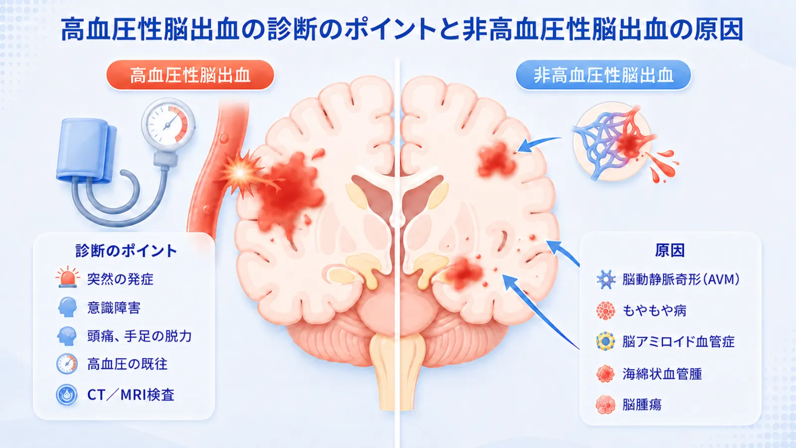 高血圧性脳出血と非高血圧性脳出血を左右で対比した図解。左は高血圧性脳出血の診断のポイント（突然の発症・意識障害・頭痛や手足の脱力・高血圧の既往・CT/MRI検査）、右は非高血圧性脳出血の主な原因（脳動静脈奇形AVM・もやもや病・脳アミロイド血管症・海綿状血管腫・脳腫瘍）。中央に脳の断面と出血のようすを描いている。
