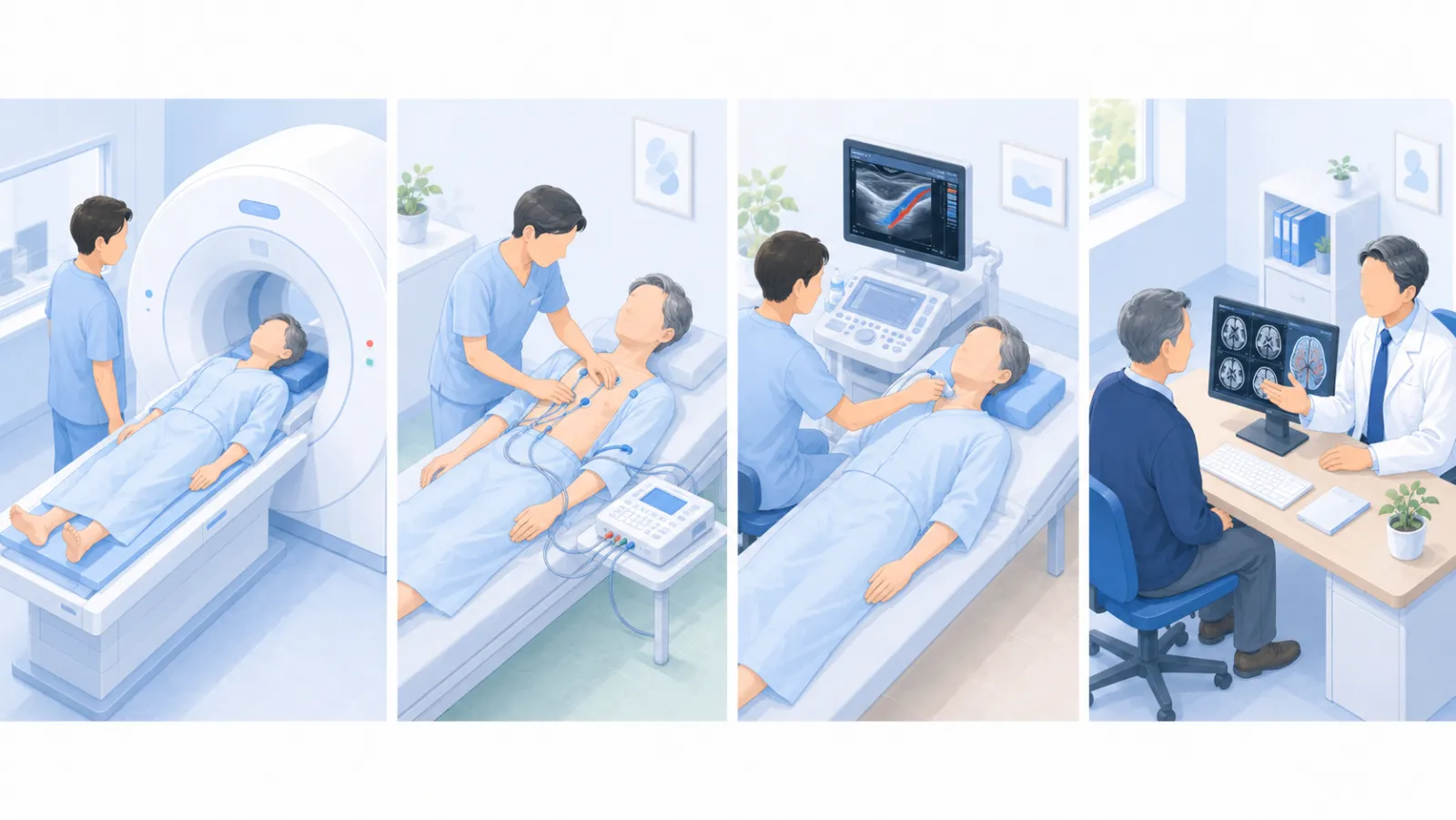 脳梗塞の検査の流れを4場面で示したイラスト。①MRI・MRA、②心電図、③頸動脈エコー、④診察室で医師が脳の画像を示し病型と再発予防の方針を相談する、と左から右へ進む。
