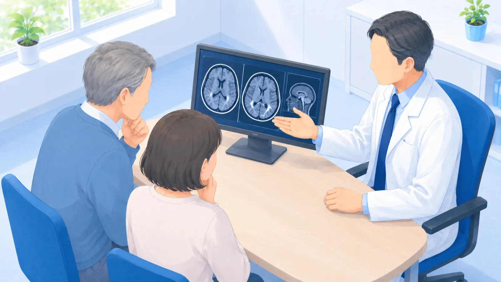 経過観察か治療かを相談する診察室のイラスト。中高年のご本人と家族、医師が机の上の電子カルテに映った脳の検査画像を同じ側から一緒にのぞき込み、医師が手のひらを上に向けて経過観察か治療かを穏やかに説明している。あわてず一緒に方針を決めていく落ち着いた様子を描く。