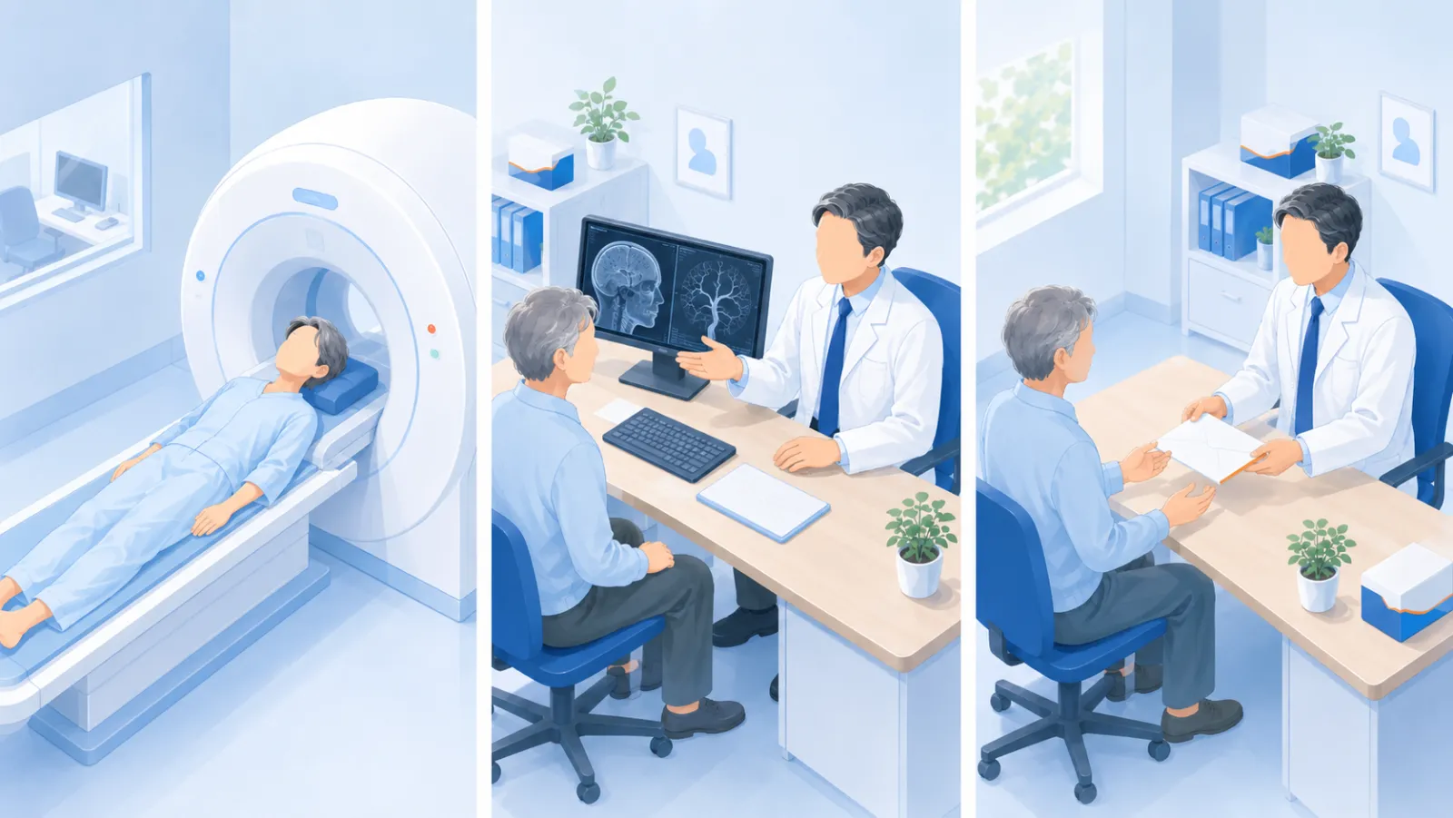 当院でできること（調べる→相談→備える）の流れを左から右に3場面で示したイラスト。①頭部MRI・MRA検査を検査着で受ける、②診察室で電子カルテの脳血管画像を見ながら医師と経過観察か治療かを相談する、③医師が紹介状を手渡し、必要なときは連携専門病院へ橋渡しする。同じご本人が3場面を進んでいく。