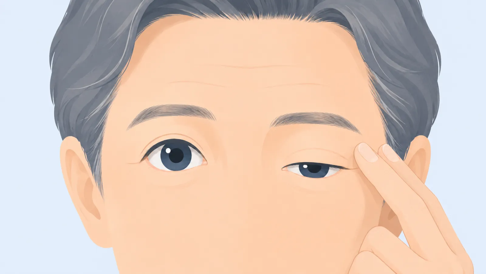 未破裂脳動脈瘤の圧迫症状（目のサイン）を表すイラスト。中高年の人物の目元のクローズアップで、片方の上まぶたが下がって半分閉じた状態（眼瞼下垂）になり、本人がその目元に指をそっと添えて異変に気づいている。瘤が大きくなって目を動かす神経を圧迫すると、破裂する前にこうした片側の目のサインが出ることがある。