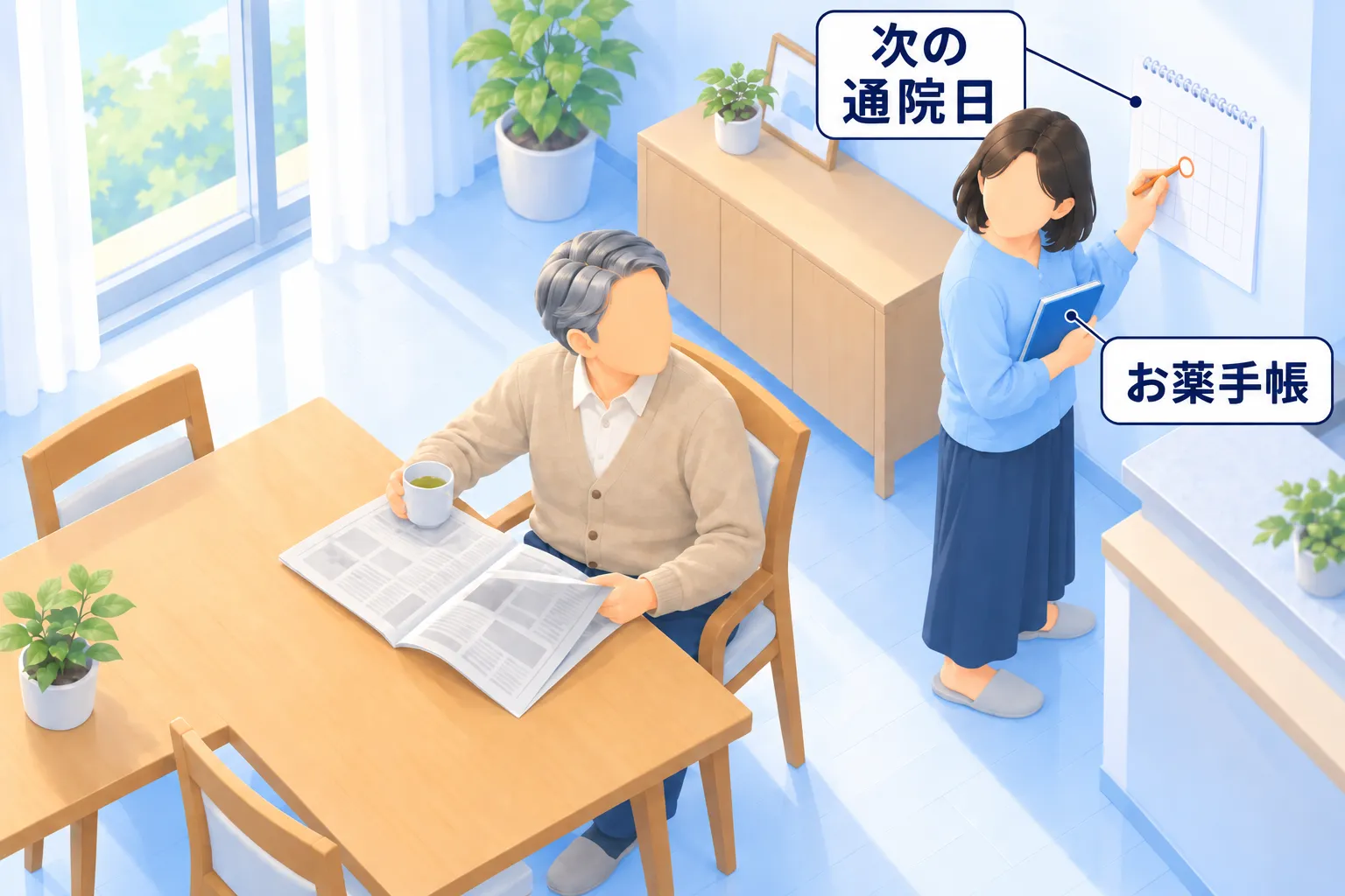 手術のあと、自宅でふだんの暮らしに戻った場面のイラスト。明るいダイニングで、父が湯のみを持って新聞を広げている。そばの壁ぎわで、娘が壁のカレンダーに丸印をつけ（ラベル「次の通院日」）、青い手帳を持っている（ラベル「お薬手帳」）。