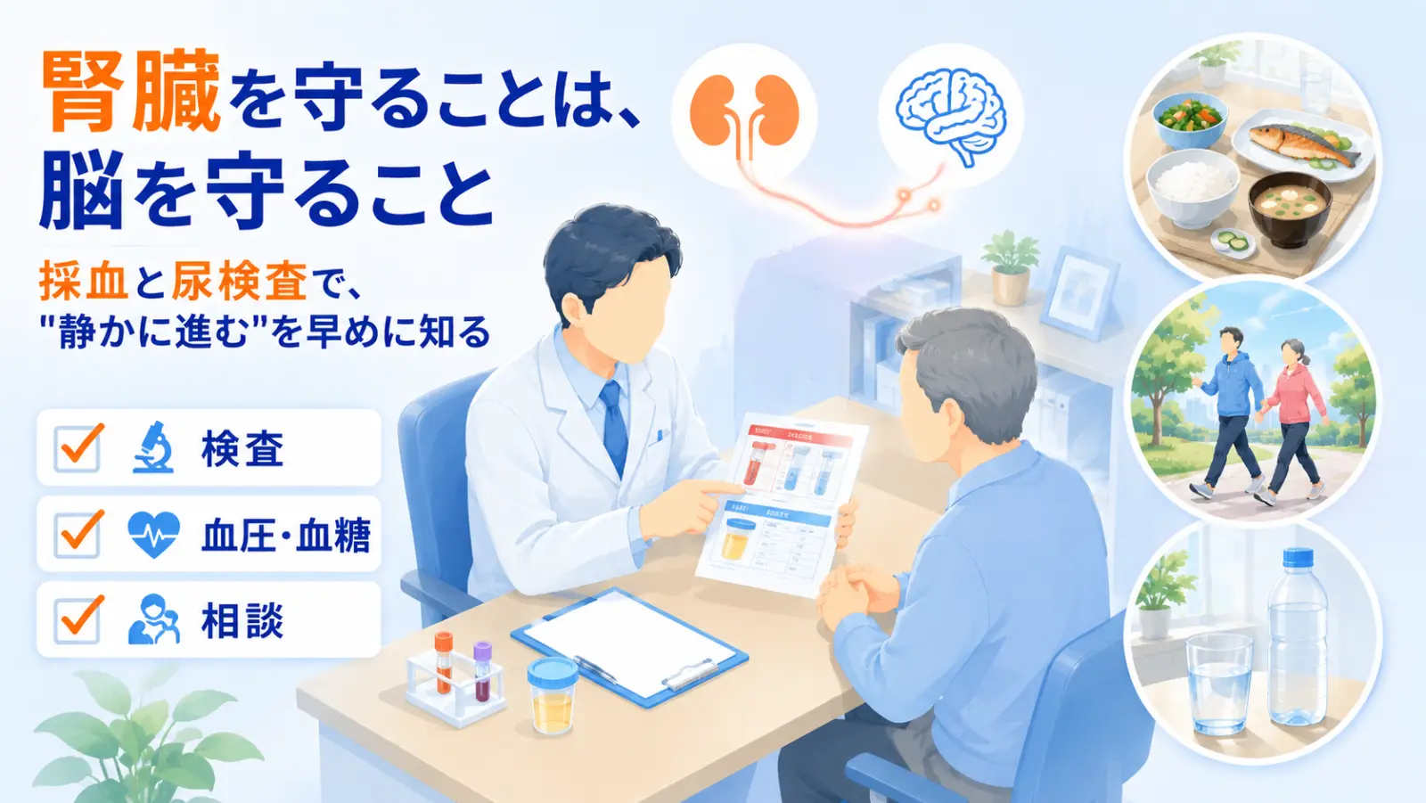 慢性腎臓病（CKD）は、腎臓を守ることが脳を守ることにつながります。血液検査と尿検査で、自覚症状が乏しいまま静かに進む状態を早めに知り、血圧・血糖を整えることが大切です。