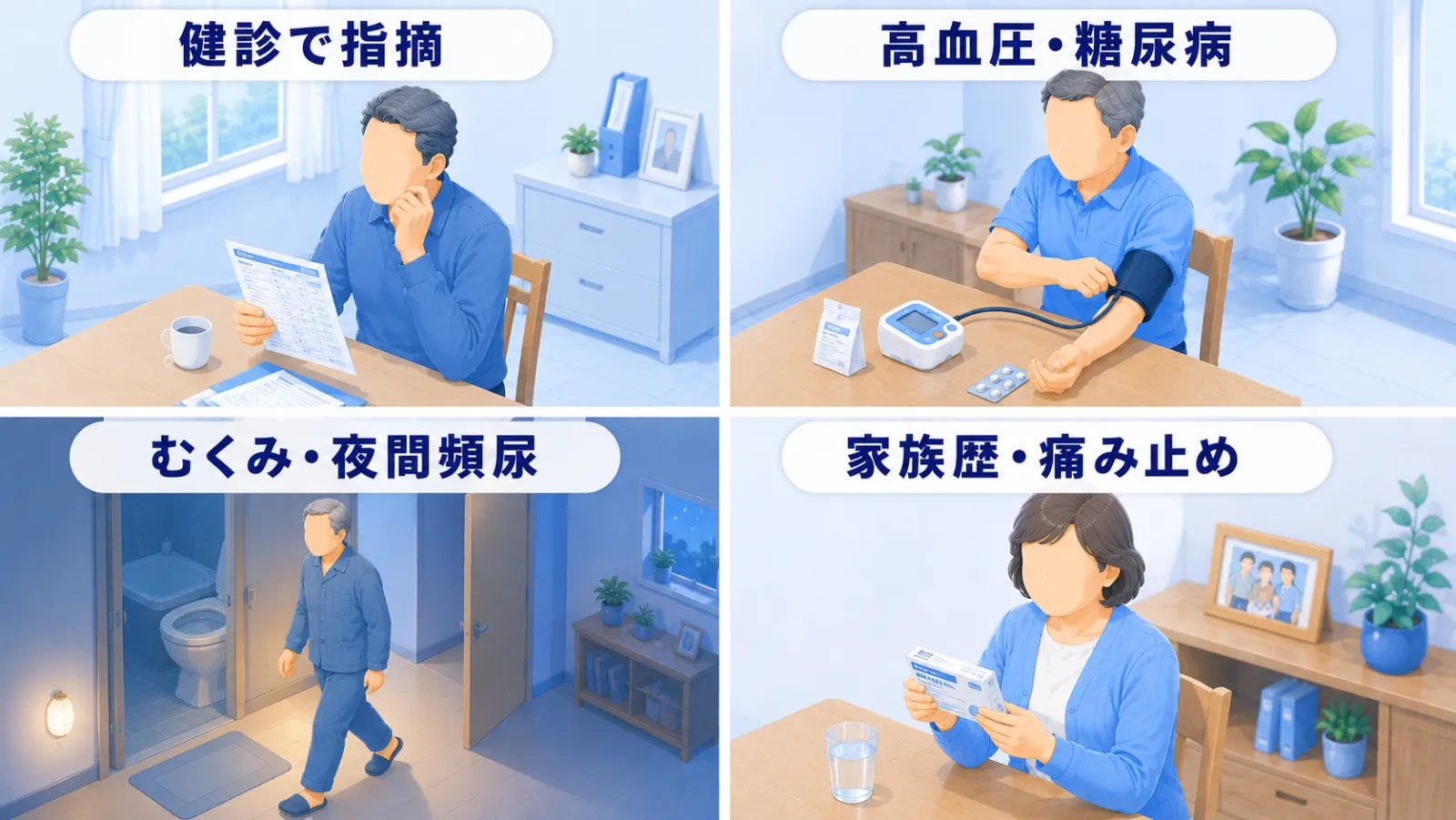 一度きちんと腎機能・尿タンパクを確かめてほしい方の例。健診で腎機能・尿タンパクを指摘された方、高血圧・糖尿病のある方、足のむくみや夜間のトイレが増えた方、ご家族に腎臓病の方がいる・市販の痛み止めをよく使う方の4つの場面。