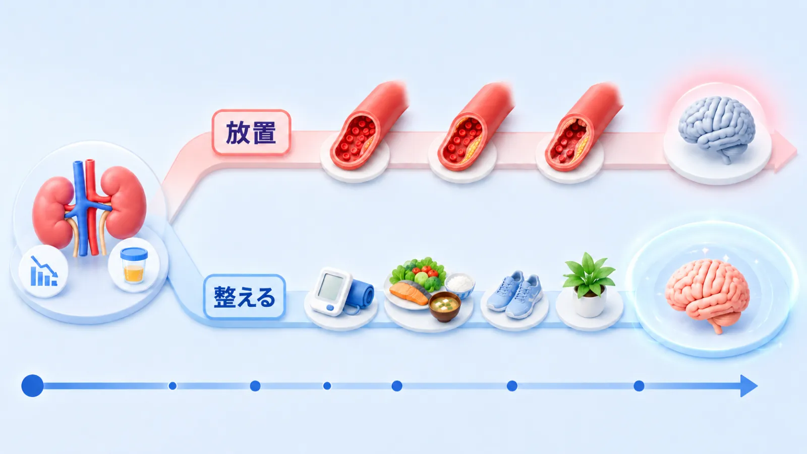 腎臓の傷みを放置すると、細い血管の傷みが進んで脳卒中や認知機能低下のリスクが高まる一方、血圧・血糖を整え生活を見直せば腎臓とともに脳も守られることを、時間軸に沿った「放置」と「整える」の分かれ道で示した図。