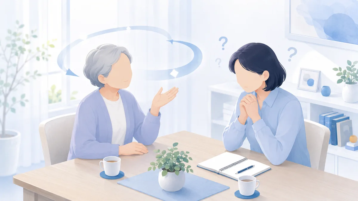 同じことを何度も家族に聞き返す高齢の女性と、戸惑うご家族のイラスト。同じ話の繰り返しは認知症で気づかれやすい初期サイン。