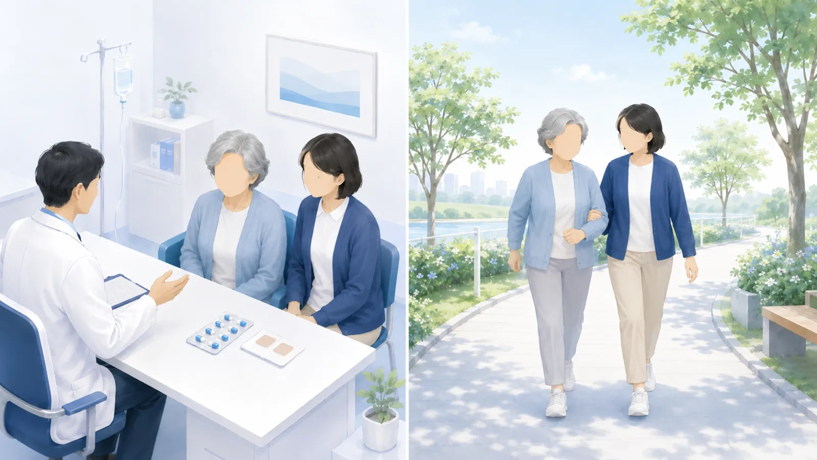 治療の二本柱を左右に並べたイラスト。左は診察室で、机の上の飲み薬と貼り薬について医師から説明を受ける高齢のご本人とご家族。右は同じ二人が明るい屋外の遊歩道を一緒に歩いている場面。