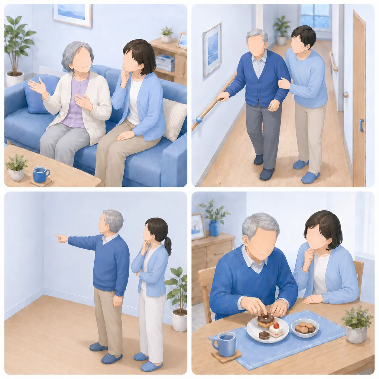 認知症の4つの病型で目立ちやすい症状を4つの場面で並べたイラスト。同じ話を繰り返し話す高齢の女性（アルツハイマー型）、手すりにつかまってゆっくり歩く高齢の男性（血管性）、誰もいない部屋の隅を指さす高齢の男性（レビー小体型）、食卓で甘い菓子ばかり選ぶ初老の男性（前頭側頭型）。いずれもご家族が控えめに心配しながら寄り添っている。