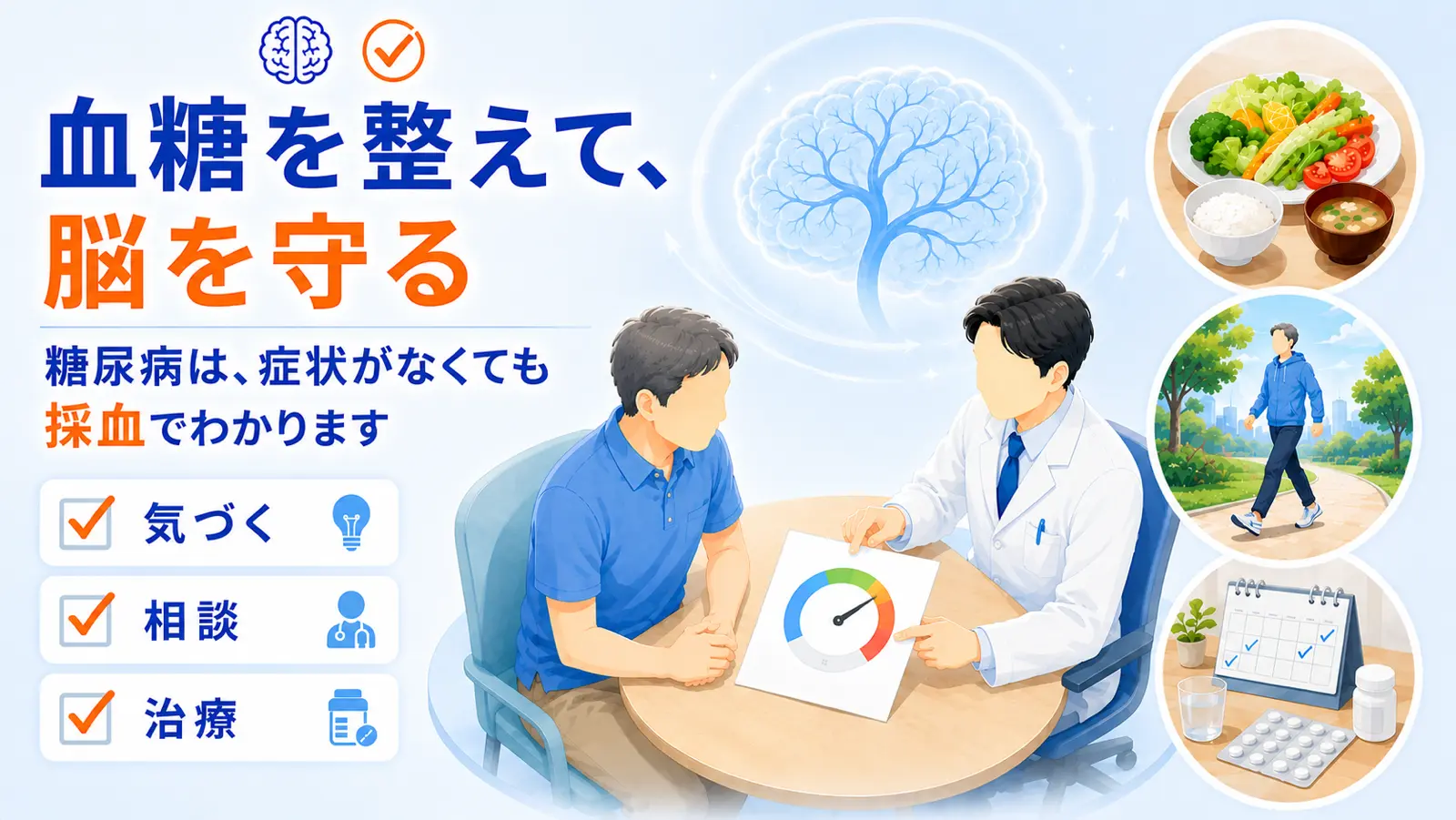 糖尿病のページ冒頭イラスト。「血糖を整えて、脳を守る」の見出しと、医師が患者に血液検査の結果を見せて相談する様子。気づく・相談・治療のチェックリストと、食事・運動・お薬のシーンで、脳と血管を守る管理を表す。