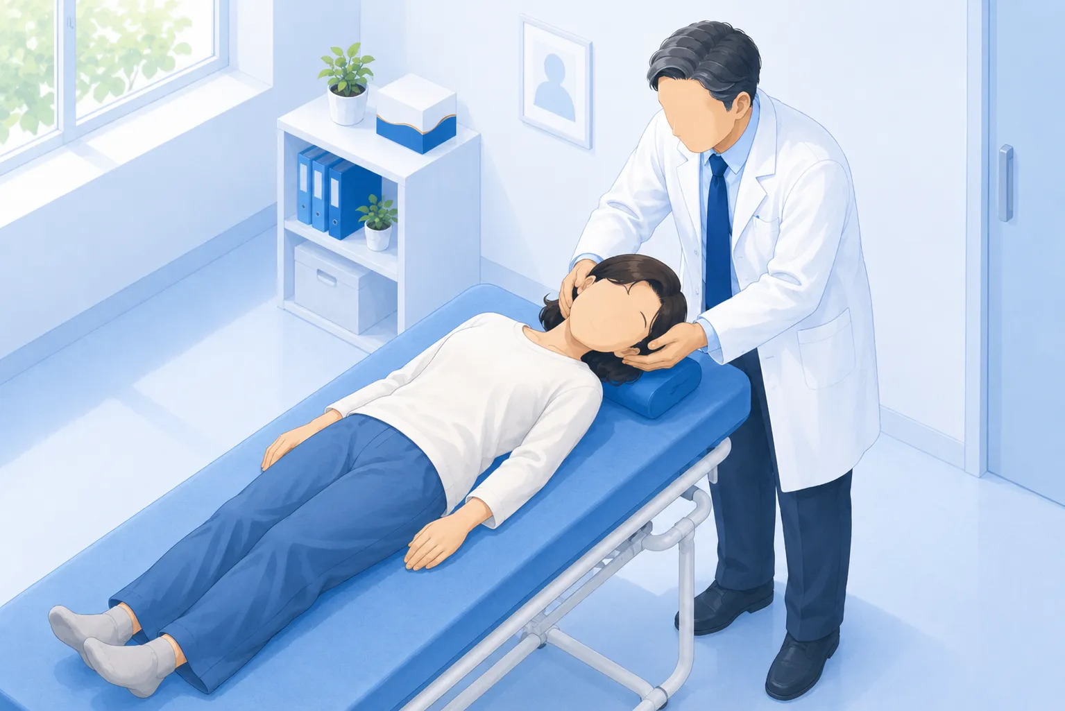 めまいの頭位治療（耳石を戻す体操）の場面のイラスト。患者が診察台にあお向けに寝て頭を片側に向け、医師が頭の側に立って両手で患者の頭をやさしく支え、ゆっくり向きを変えている。耳の中の耳石を元の位置に戻すBPPVの治療を表している。
