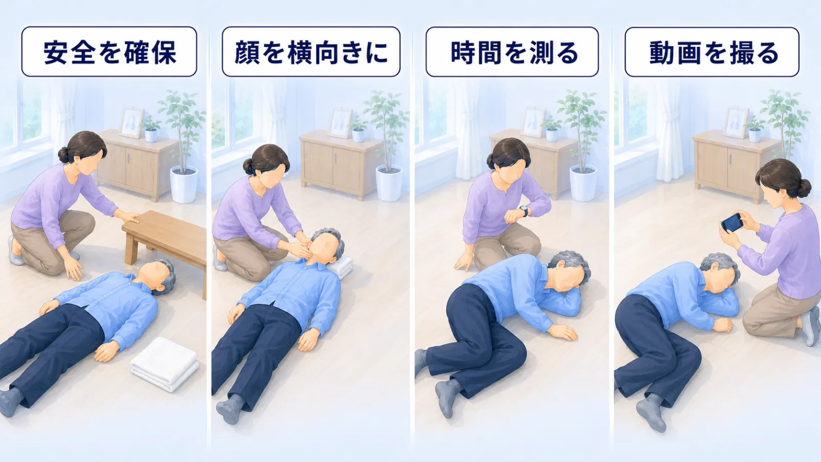 目の前で発作が起きたときの対応を、左から右へ4つの場面で示した図解。「安全を確保」＝そばのテーブルを遠ざけ、頭の下にたたんだタオルを敷く。「顔を横向きに」＝ご本人の顔を静かに横に向ける。「時間を測る」＝腕時計で発作が始まった時刻を確認する。「動画を撮る」＝スマートフォンで発作の様子を撮影する。