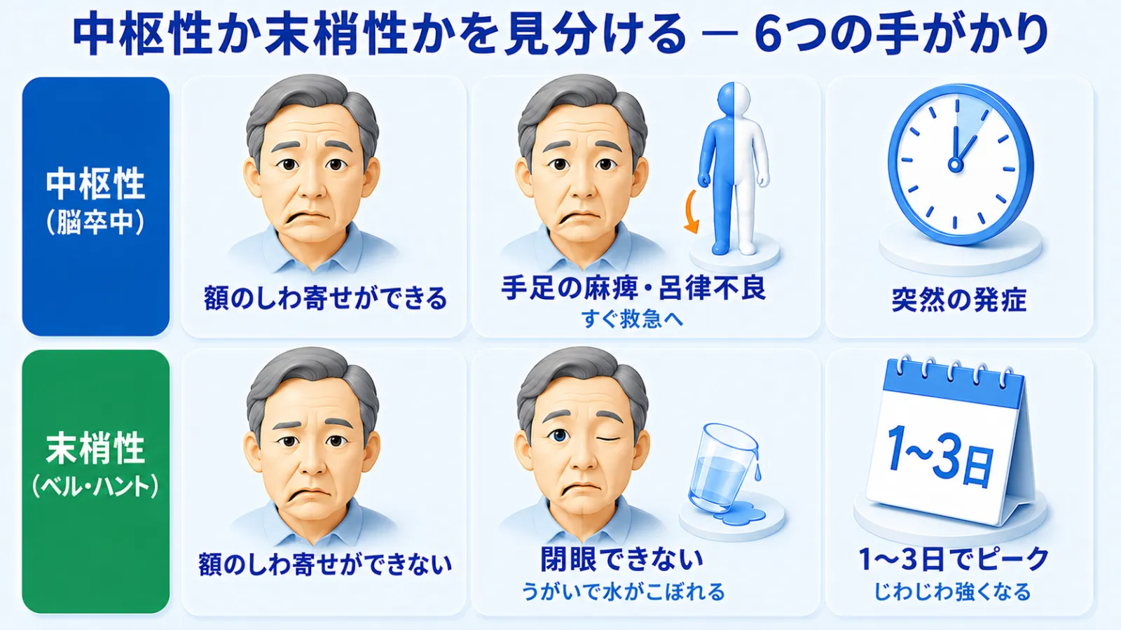 顔面神経麻痺で、中枢性（脳卒中）か末梢性（ベル麻痺・ラムゼイ・ハント症候群）かを見分けるための6つの手がかりを、上段3つ（中枢性）と下段3つ（末梢性）に振り分けて示した図解。上段は「額のしわ寄せができる（額は左右そろって動き、口だけ片側が下がる）」「手足の麻痺・呂律不良（片麻痺のシルエットとともに、すぐ救急へ）」「突然の発症」の3つ。下段は「額のしわ寄せができない（麻痺側の額のしわが消える）」「閉眼できない（片側の目が開いたまま、うがいで水がこぼれる）」「1〜3日でピーク（じわじわ強くなる）」の3つ。麻痺は4つの顔とも向かって左（右顔面）に統一して描かれている。
