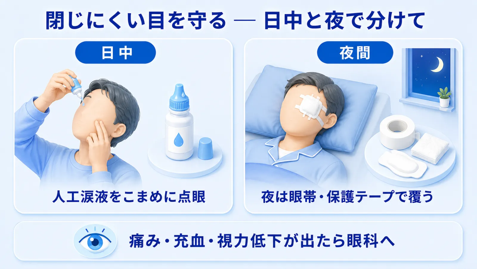 顔面神経麻痺で目が閉じにくくなったとき（兎眼）の眼の保護のしかたを、日中と夜間に分けて示した図解。左「日中」は人工涙液（目薬）をこまめに点眼する場面、右「夜間」は就寝時に眼帯・保護テープ・ガーゼで目をやさしく覆う場面。下部の注意バーに「痛み・充血・視力低下が出たら眼科へ」と示している。