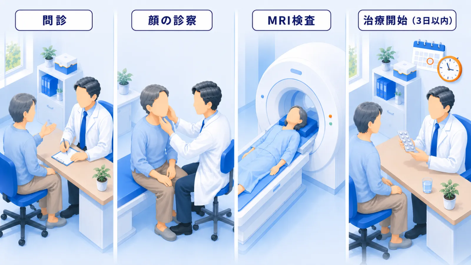 顔面神経麻痺の受診から治療開始までの流れを4場面で示した図解。左から「問診」（医師が机で問診しカルテに記入）、「顔の診察」（医師が患者の顔の動きを診る）、「MRI検査」（患者がMRI装置に入り脳の病気を除外）、「治療開始（3日以内）」（医師が薬を手に治療を始め、カレンダーと時計で早さを示す）の順に並ぶ。