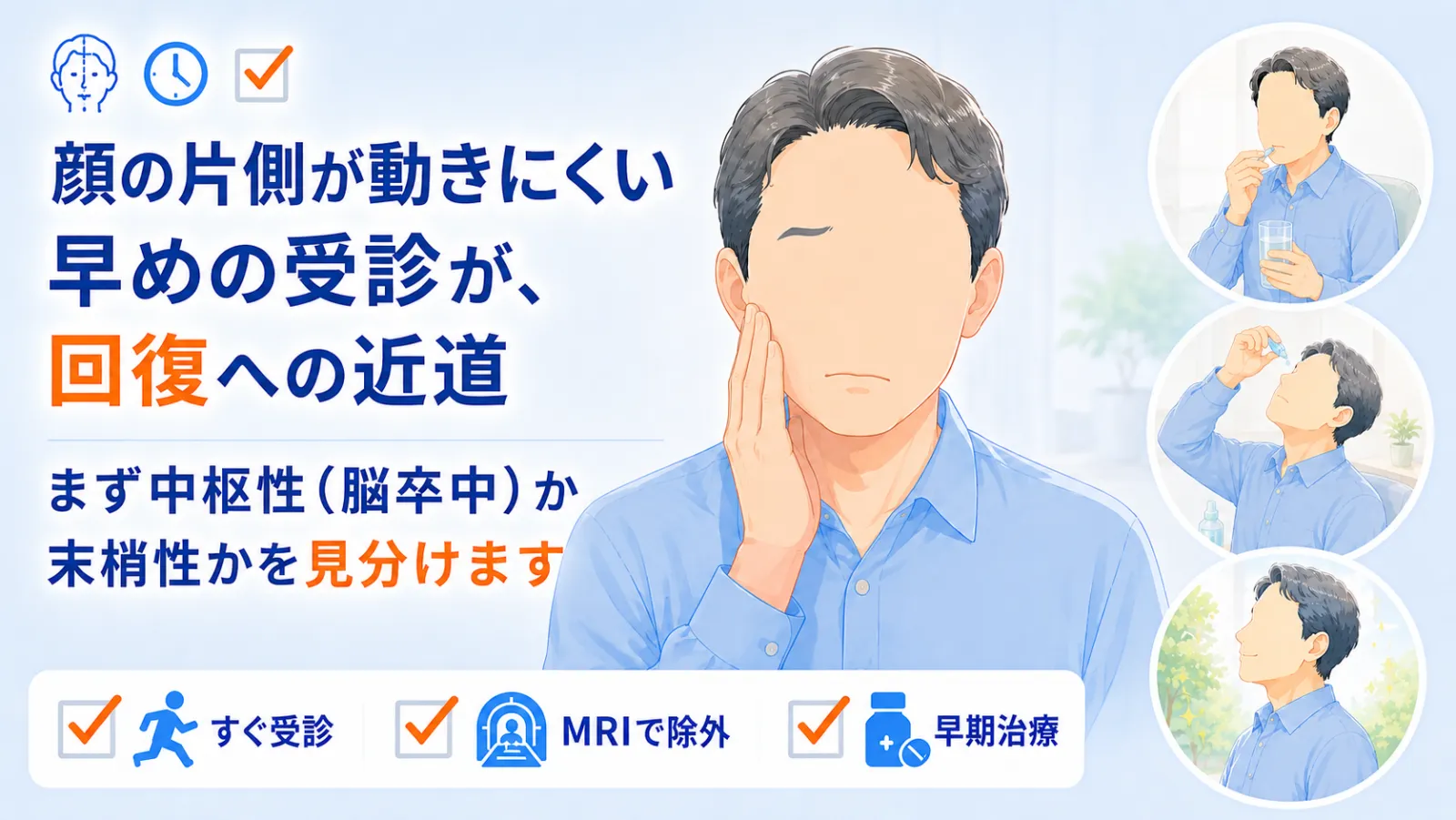 顔面神経麻痺ページの冒頭イラスト。「顔の片側が動きにくい 早めの受診が、回復への近道」「まず中枢性（脳卒中）か末梢性かを見分けます」の見出しとともに、中央で片側の顔が動きにくいことに気づき頬に手を添える男性、右に薬を水で飲む・顔を上に向けて目薬をさす・表情が戻って穏やかにほほえむ3場面を描き、すぐ受診・MRIで除外・早期治療の3つを示している。