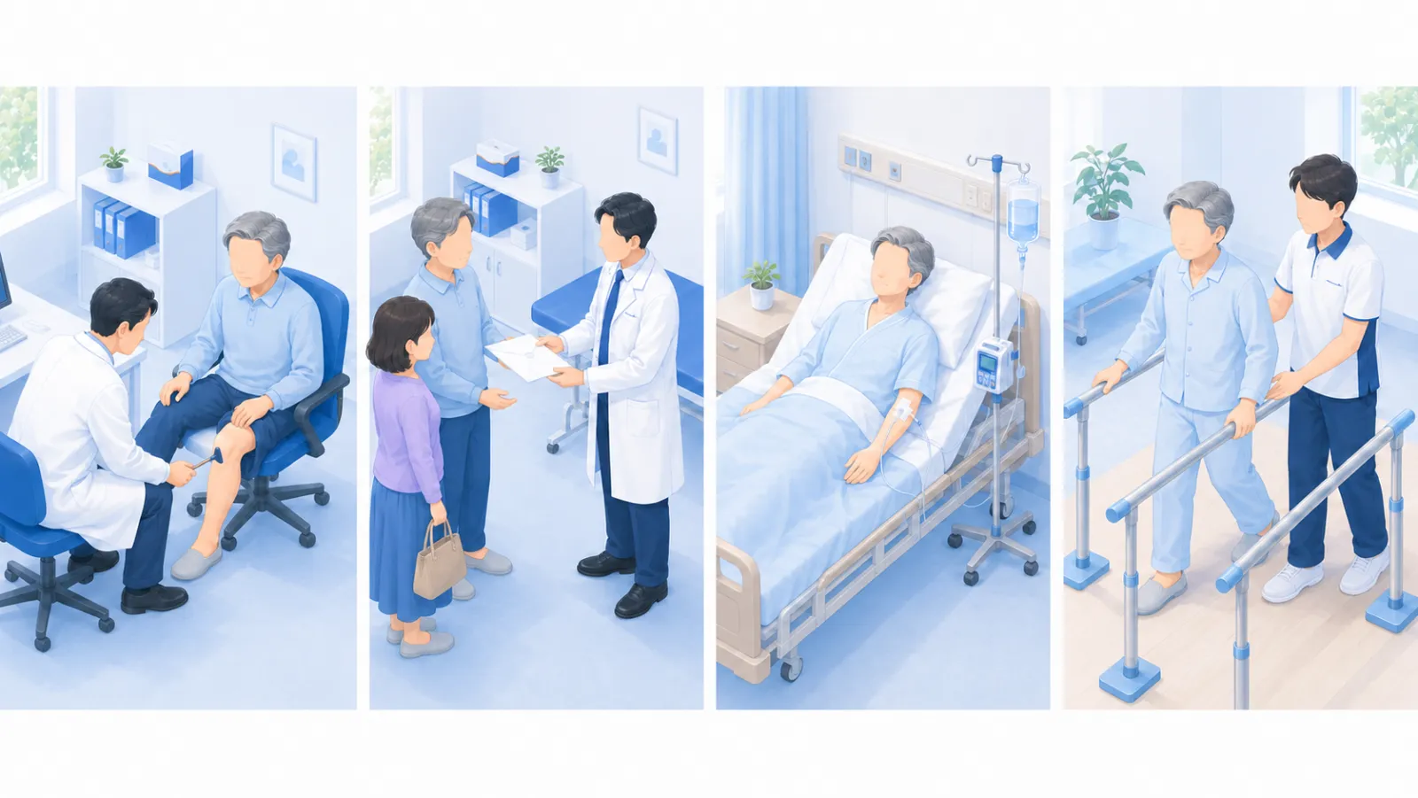 受診から治療・回復までの流れを左から右に4場面で並べたイラスト。当院で医師が打腱器で足の反射を診てGBSを疑う、紹介状を渡して高次施設へ橋渡し、入院して腕から免疫グロブリン静注療法（IVIg）の点滴を受ける、回復期に理学療法士と平行棒で歩行リハビリをする、の順に同じ男性が進んでいく。