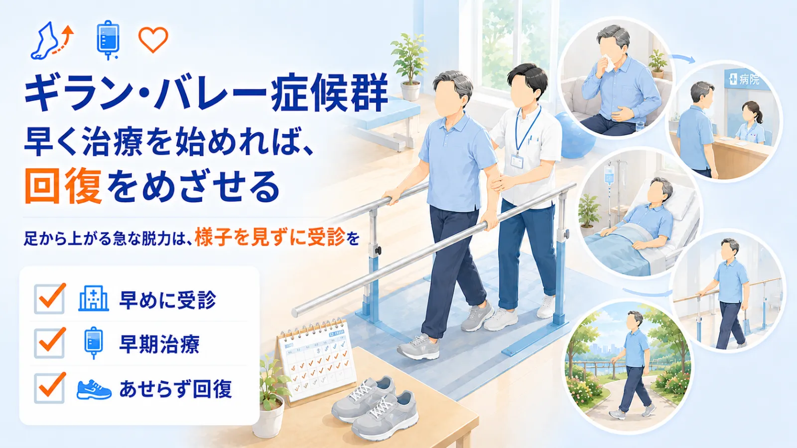 ギラン・バレー症候群のページ冒頭イラスト。「早く治療を始めれば、回復をめざせる」の見出しとともに、手すりにつかまり理学療法士に見守られて歩行リハビリに取り組む男性を中央に描く。右側には、風邪やお腹の不調などの先行感染、病院への受診、点滴での免疫治療、リハビリ、回復して散歩を楽しむまでの流れを小さな場面で示し、「早めに受診・早期治療・あせらず回復」という回復への道のりを表している。