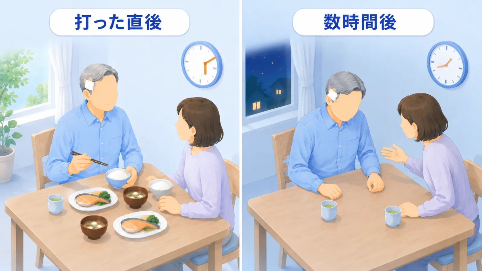 打った直後と数時間後を見比べる2場面の図解。左の「打った直後」は、夕方の食卓でご本人がふつうに食事をしながらご家族と話している。右の「数時間後」は、同じ食卓の夜、食後のお茶に手を付けずぼんやりとうつむくご本人の変化に、向かいのご家族が気づいて身を乗り出している。
