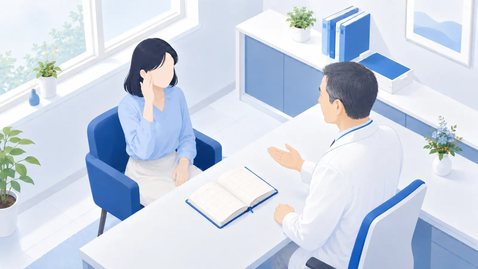 明るい診察室で、頭痛に悩む中年の女性が片手をこめかみに添えながら、机をはさんで医師に相談しているイラスト。