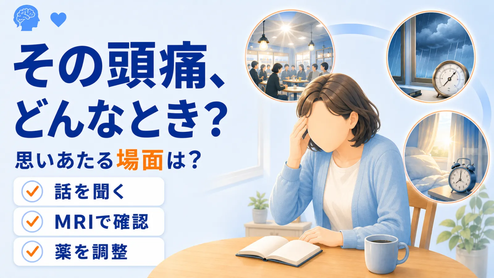 頭痛外来のページ冒頭イラスト。「その頭痛、どんなとき？」「思いあたる場面は？」の見出しとともに、自宅のダイニングテーブルに座り、うつむいて手のひらをこめかみに押し当て、頭痛に耐えている女性を中央に描いている。その頭の右上には、痛むきっかけを表す3つの円形の場面が浮かんでいる。人の多い店内で天井の照明がまぶしく差している場面、窓の外に近づく雨雲と気圧計、カーテンから差す朝日と目覚まし時計と枕である。左下には「話を聞く」「MRIで確認」「薬を調整」の3つのチェック項目を示し、痛むきっかけを手がかりに頭痛のタイプを見分け、合った治療につなげられることを表している。