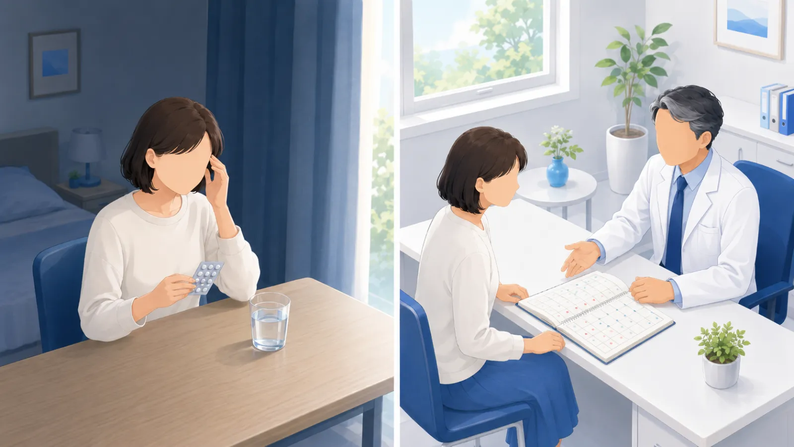 頭痛治療の2本柱を左右で対比したイラスト。左は薄暗い部屋で痛みが軽いうちにお薬を飲む急性期治療、右は診察室で医師と一緒に頭痛ダイアリーを見て経過を確認する予防治療。