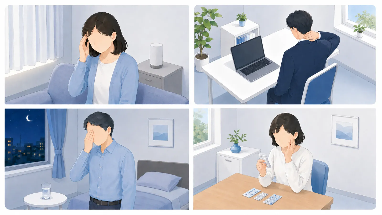 頭痛の主なタイプを4つの場面で対比したイラスト。薄暗い部屋でこめかみを押さえる片頭痛、デスクワークで首の後ろをほぐす緊張型頭痛、夜に片目のあたりを押さえる群発頭痛、複数の薬のシートを前に戸惑う薬の使いすぎによる頭痛。