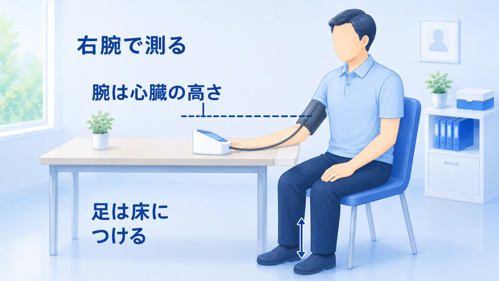家庭での血圧の正しい測り方を示すイラスト。イスに座り、足を床につけ、上腕に血圧計のカフを巻いて、腕を心臓の高さに合わせて測っている様子。「腕は心臓の高さ」「足は床につける」などのポイントが添えられている。