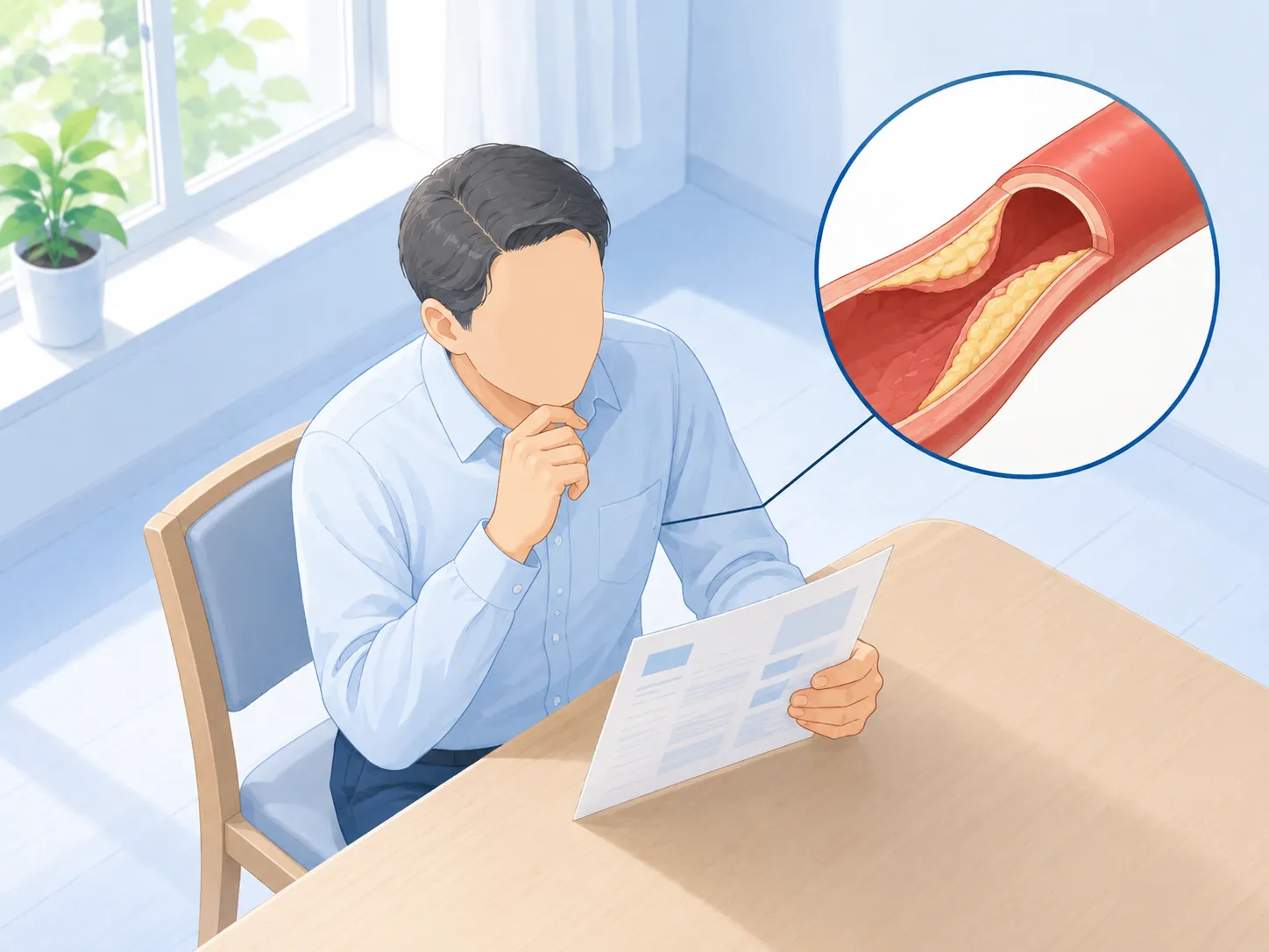 健診の結果票を眺めて受診を迷う男性と、その血管の内側を拡大した円のイラスト。血管の壁に脂の層がたまり、血液の通り道が狭くなっている。症状がないうちにも動脈硬化が静かに進むことを表す。