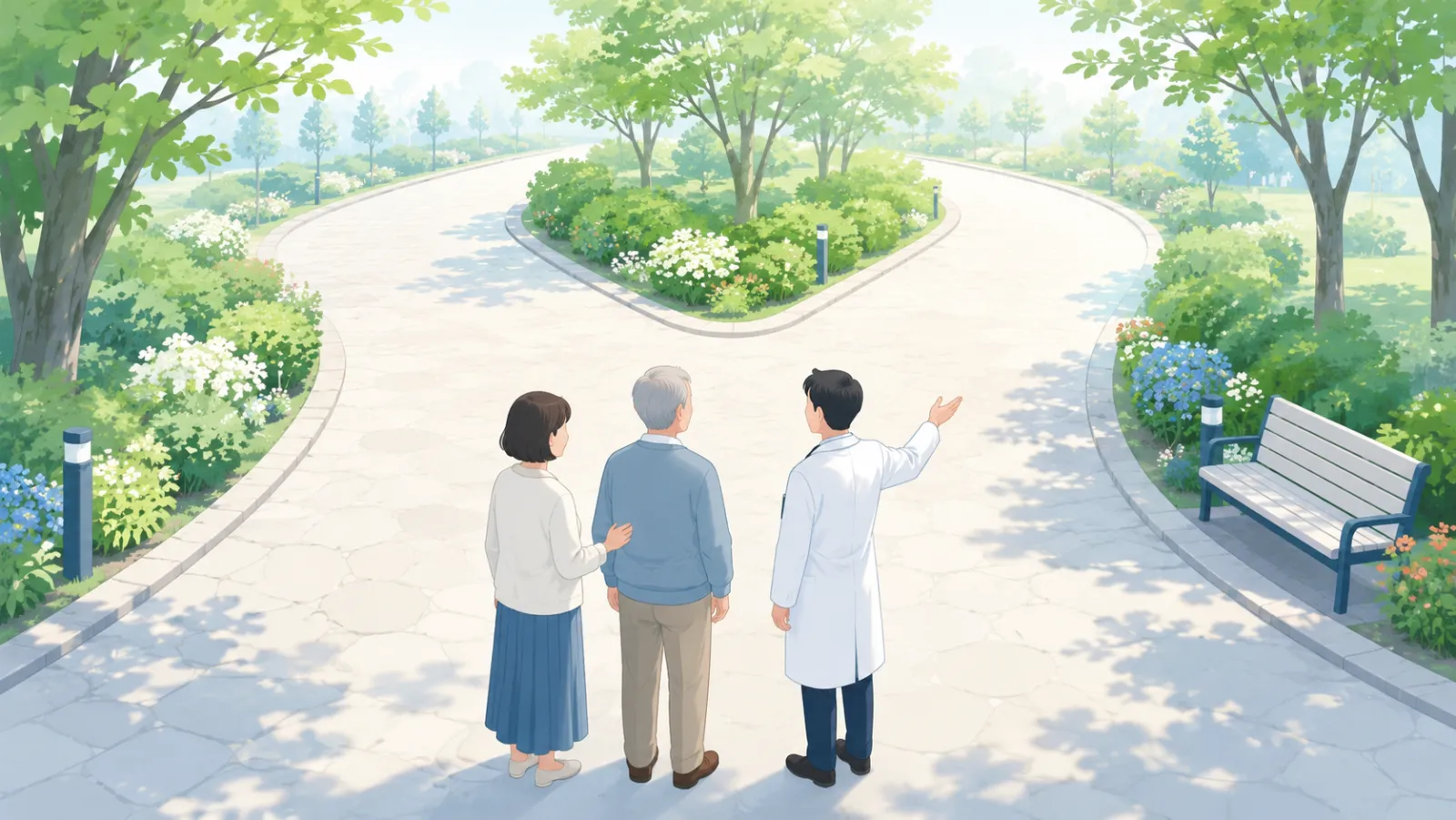 明るい公園の遊歩道が二手に分かれる地点に、ご本人・ご家族・医師が並んで立つイラスト。医師が手で先の道を示し、これからの道筋を一緒に考えている。